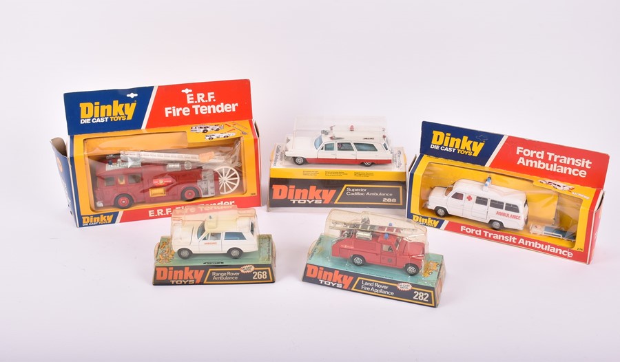 Five boxed Dinky Toys diecast emergency vehicles comprising a 274 Ford Transit Ambulance, a 288