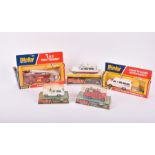 Five boxed Dinky Toys diecast emergency vehicles comprising a 274 Ford Transit Ambulance, a 288