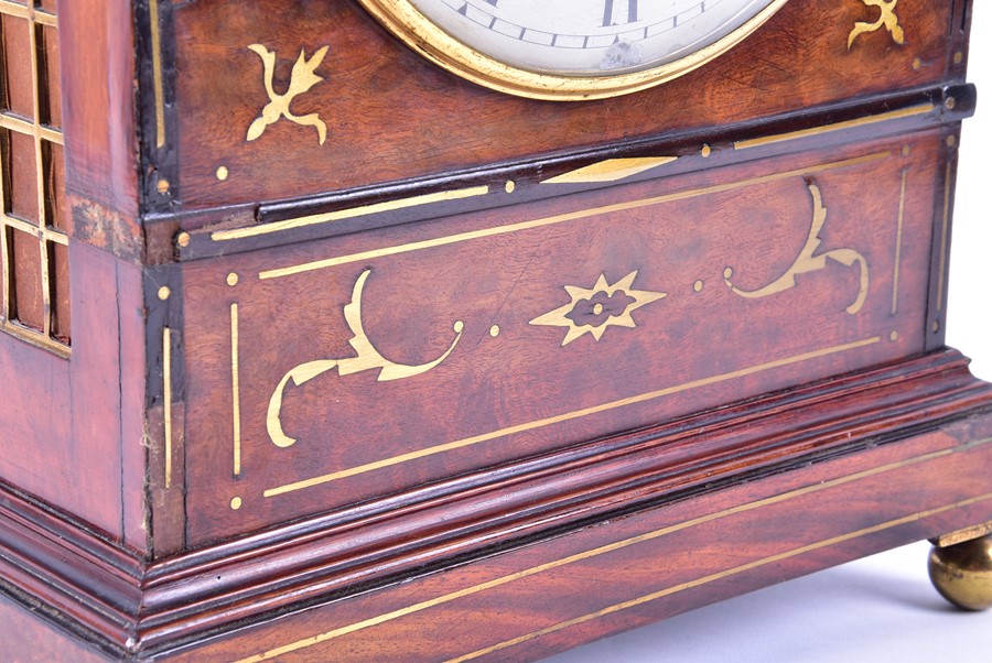 A Regency mahogany and brass inlaid bracket clock with arched top, eight day movement striking on - Image 9 of 11