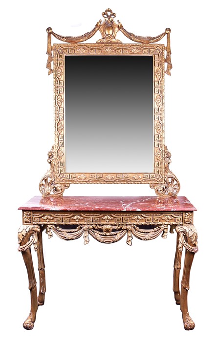 A 19th century style mirror-backed gilt console table with red marble top, the mirror surmounted