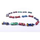 A quantity of loose and playworn Dinky & Crescent Toys diecast Racing Cars to include Dinky 236