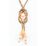 A yellow metal and pearl drop pendant necklace the fancy-link chain necklace with two tassel