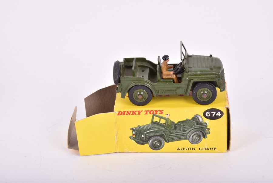 Three Dinky Toys boxed military vehicles comprising a 674 Austin Champ, a 673 Scout Car and a 688 - Image 4 of 14