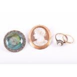 A yellow metal mounted cameo brooch together with a yellow metal, diamond, and pearl cluster ring,