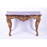 A French style gilt painted console table with serpentine fronted marble top, relief decorated
