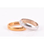 A 22ct yellow gold wedding band size L, 4.5 grams, together with a platinum wedding band, 4.3 grams.