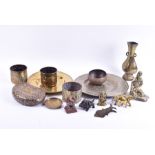 A collection of Asian brass ornaments to include a Chinese cast bronze vase, two brass models of