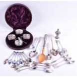 A Victorian boxed silver salt set Birmingham 1893, the bodies decorated with chased sunflowers and