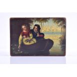 A 19th century Russian lacquer box designed with hand painted scene of two lovers on a boat, 9 cm
