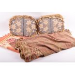 A pair of tapestry and velvet upholstered cushions together with a velvet shawl and a large