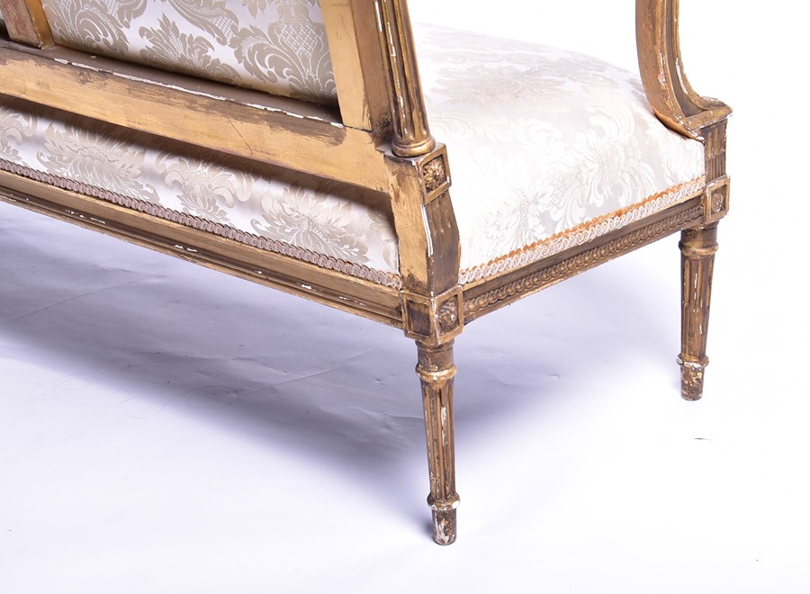 A Louis XVI style gilded sofa upholstered with light floral pattern fabric, the frame with gadroon - Image 6 of 6