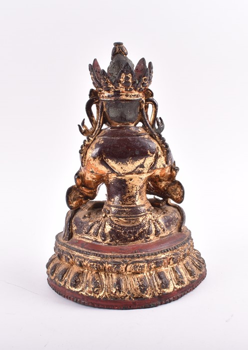 A 19th century or earlier Tibetan gilt bronze sculpture of Padmasambhava modelled seated in - Image 6 of 10