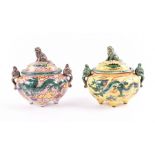 Two Chinese Republic Period incense burner vases and covers of oval form, both crested with dogs