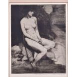 After William Lee Hankey (1869 - 1952) British a dry point etching depicting a nude female seated on
