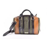 Burberry. A black and tan leather and green weave handbag with carry handles and detachable black