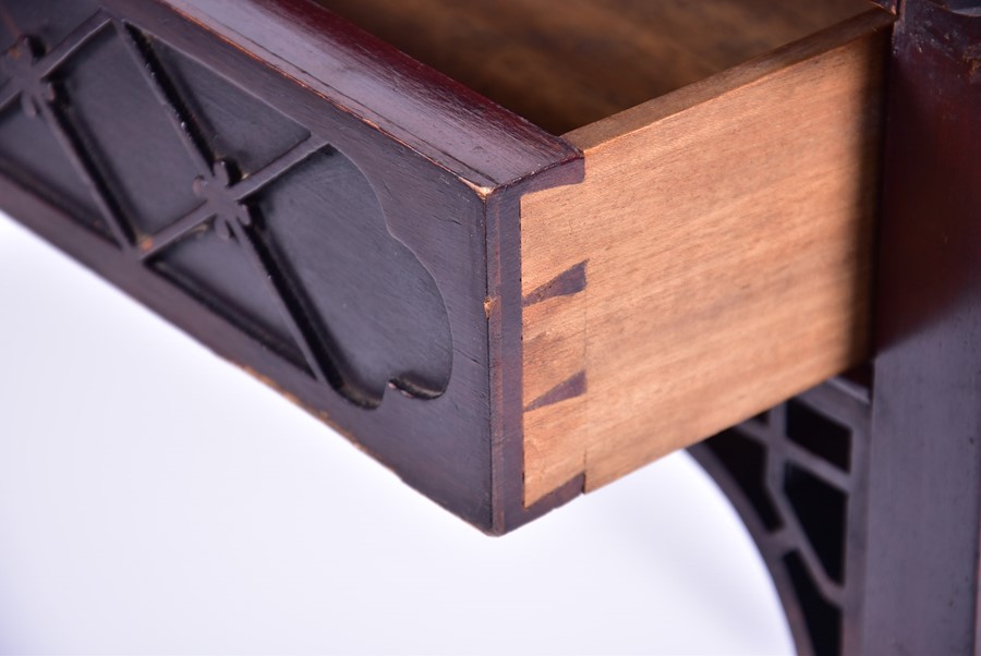 A 19th century rosewood envelope card table with pierces and carved frieze, opening to reveal a - Image 3 of 8