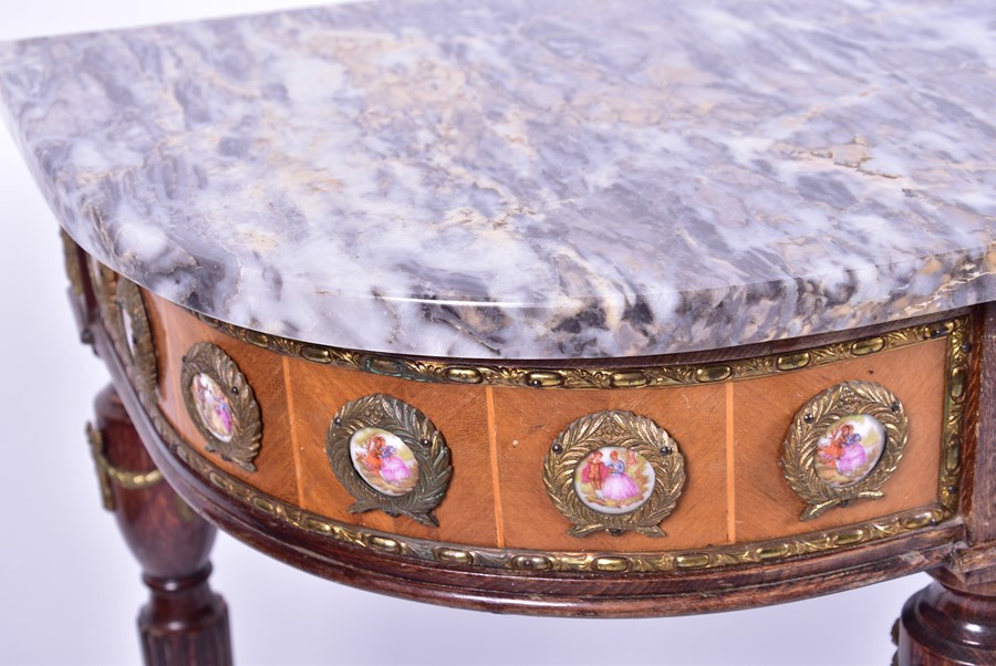 A 20th century French Louis XVI style console table with marble top, above a porcelain mounted - Image 2 of 7