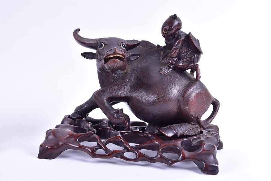 A pair of Chinese carved hardwood 'Buffalo and child' models with textured detail to the buffalos, - Image 5 of 9