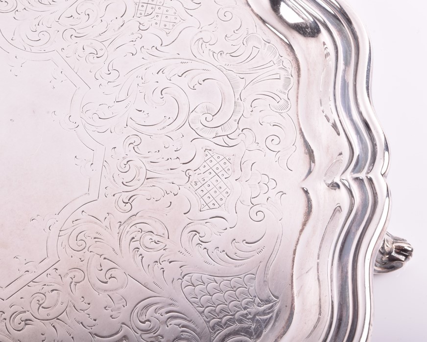 A Victorian silver salver Sheffield 1856, James Dixon and Sons, with scalloped borders, raised on - Image 6 of 6