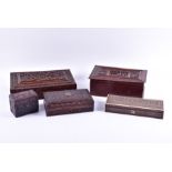 A collection of relief carved hardwood boxes along with one with bone inlay of rectangular form