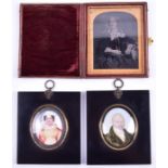 Two portrait miniatures and a Victorian ambrotype depicting a seated lady with gilt highlights, in a