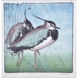 Allen William Seaby (1867-1953) British Lapwings, a woodcut print, signed in pencil, 23 cm x 23