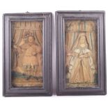 A pair of 17th century stumpwork embroidery aristocratic portraits intricately worked in a variety