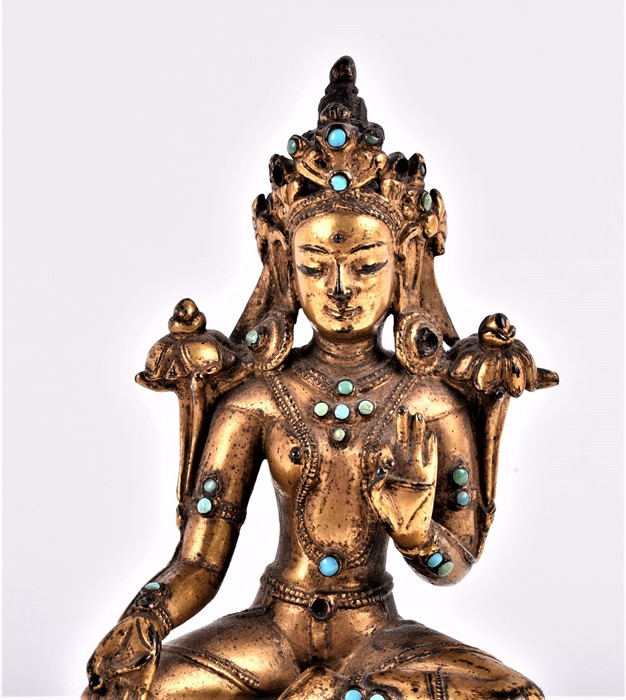 A fine Tibetan gilt metal figure of Tara, 15th/16th century, cast seated in lalitasana on a double - Image 3 of 8