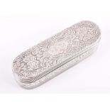 A George III engraved silver snuff box London 1793, of oval rectangular form, engraved with panels