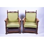 A three-piece Continental carved oak bergere lounge suite comprising a two-seater sofa and two