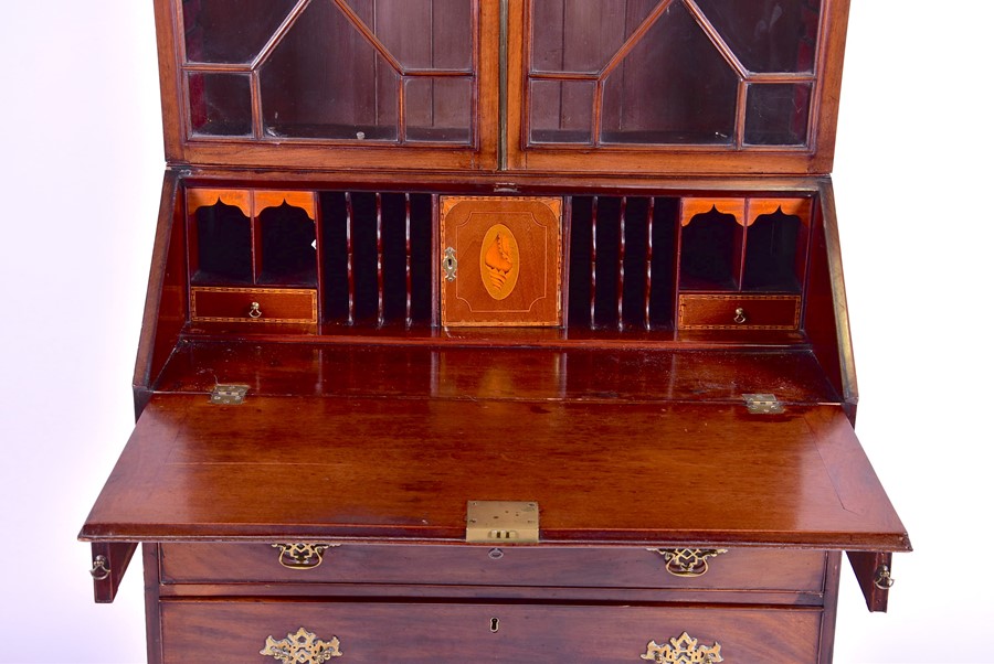 A George III mahogany bureau bookcase with carved frieze over twin astral glazed doors, the drop - Image 2 of 10