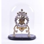 A brass skeleton clock the silvered dial bearing roman numerals, 28 cm high, mounted to an