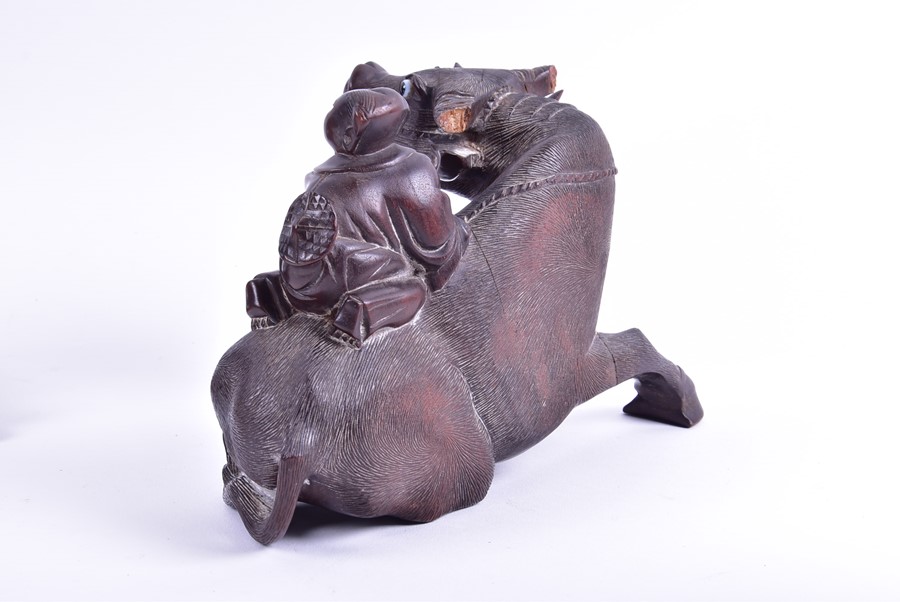 A pair of Chinese carved hardwood 'Buffalo and child' models with textured detail to the buffalos, - Image 9 of 9