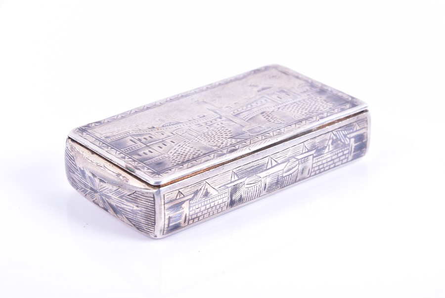 A Russian silver niello snuff box 1836, by Karl Protorius, Moscow, with architectural scenes, 2.7 - Image 4 of 4