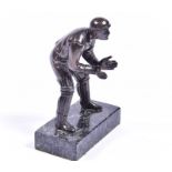 A 20th century bronze study of a cricket wicket keeper mounted to a rectangular marble base,