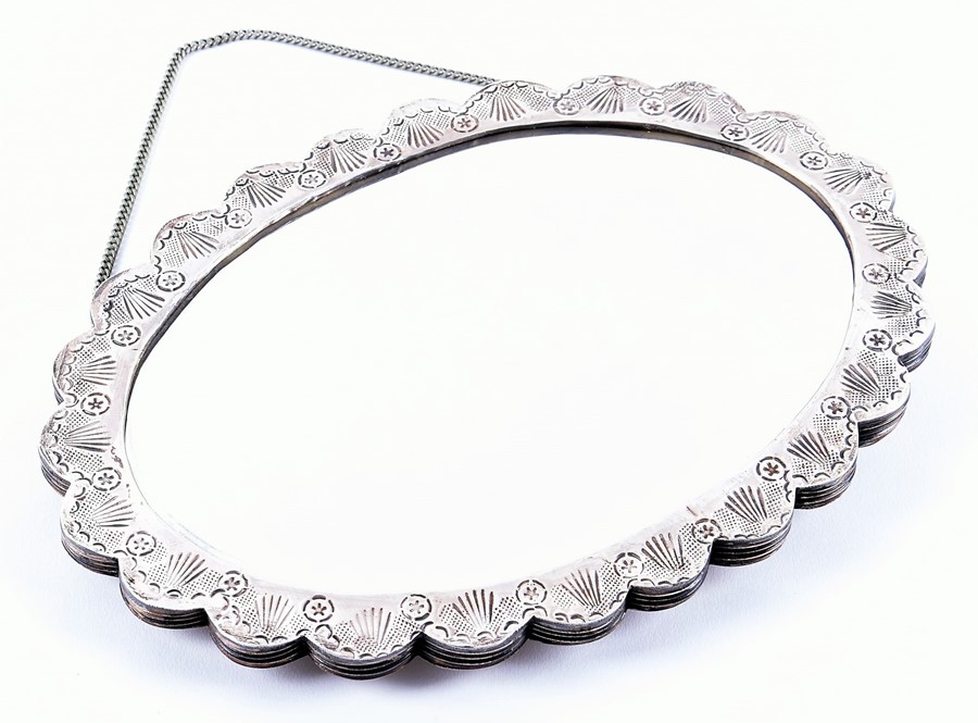 An Ottoman silver wedding mirror the polylobed oval silver frame with lattice pattern and floral - Image 3 of 3
