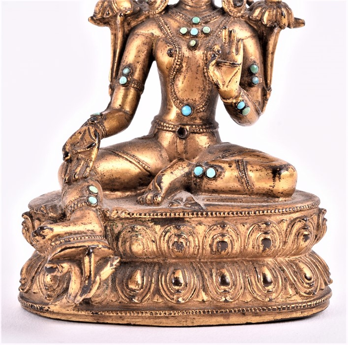 A fine Tibetan gilt metal figure of Tara, 15th/16th century, cast seated in lalitasana on a double - Image 4 of 8