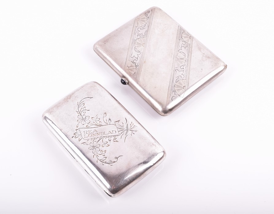 Two Russian silver cigarette cases the smaller case: Astrakhan 1899 to 1916, by Anton