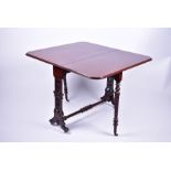 A late Victorian mahogany Sutherland table with pierced scroll ends, on four swept feet united by