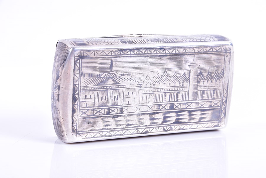 A Russian silver niello snuff box 1836, by Karl Protorius, Moscow, with architectural scenes, 2.7 - Image 2 of 4