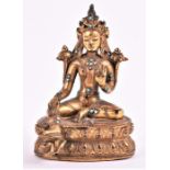 A fine Tibetan gilt metal figure of Tara, 15th/16th century, cast seated in lalitasana on a double