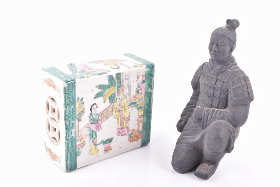 A 19th Chinese famille verte pillow along with a reproduction terracotta kneeling warrior 14 cm x 12