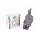 A 19th Chinese famille verte pillow along with a reproduction terracotta kneeling warrior 14 cm x 12