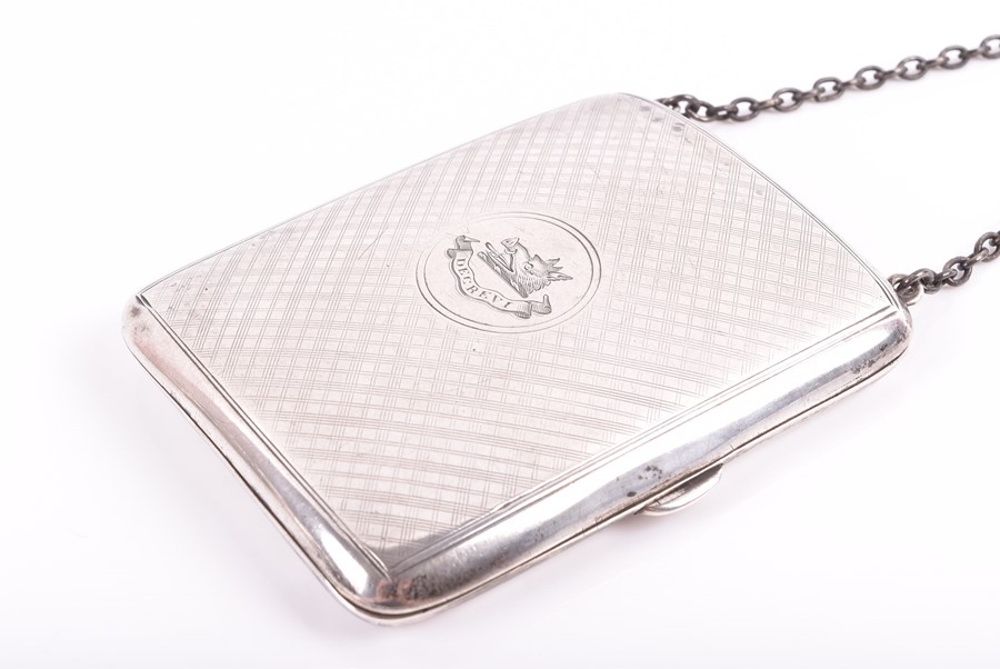 An Edwardian silver cigarette case Chester 1903, by William Neale, of curved form with carry chain - Image 2 of 13