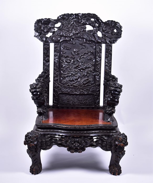 A large and impressive late 19th / early 20th century Chinese carved hardwood throne chair the - Image 4 of 11