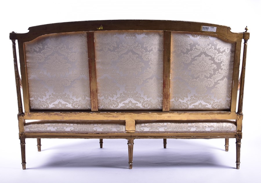 A Louis XVI style gilded sofa upholstered with light floral pattern fabric, the frame with gadroon - Image 2 of 6