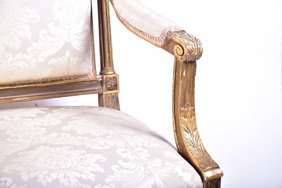 A Louis XVI style gilded sofa upholstered with light floral pattern fabric, the frame with gadroon - Image 5 of 6