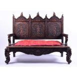 A late 19th / early 20th century Indian pierced and carved hardwood settee the back with three