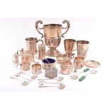 A mixed collection of silver items  to include an Edwardian trophy, cruets, a Chinese beaker,