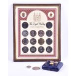 A collection of coins including a Nelson one pound Victorian silver coin, a boxed set of 3 and a